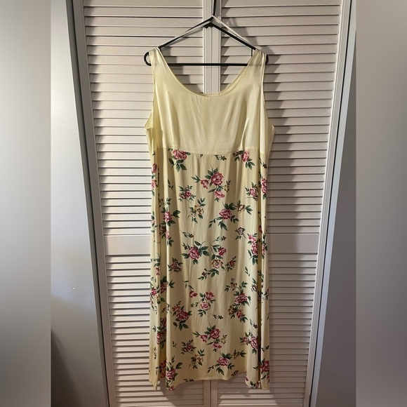 Vintage Maxi Satin Floral Dress Empire Waist Size XL Light Yellow Pink Green - Picture 7 of 15
